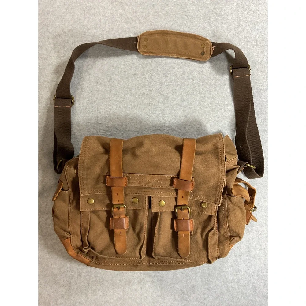 Augur Strauss & Co Brown Canvas Leather Trim Messenger Bag Field Satchel Large